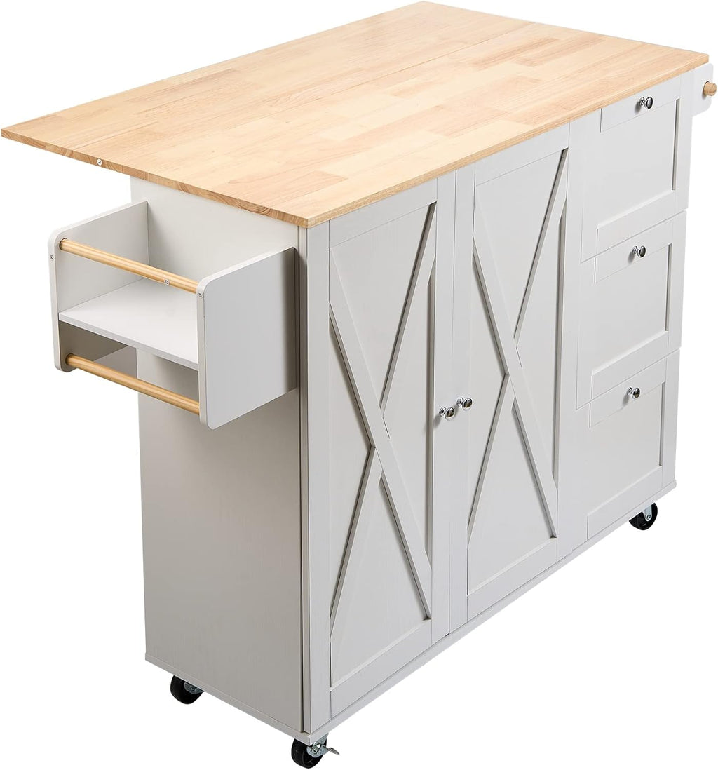 Kitchen Island Cart with Solid Wood Top, Rolling Storage Cabinet, White F7036