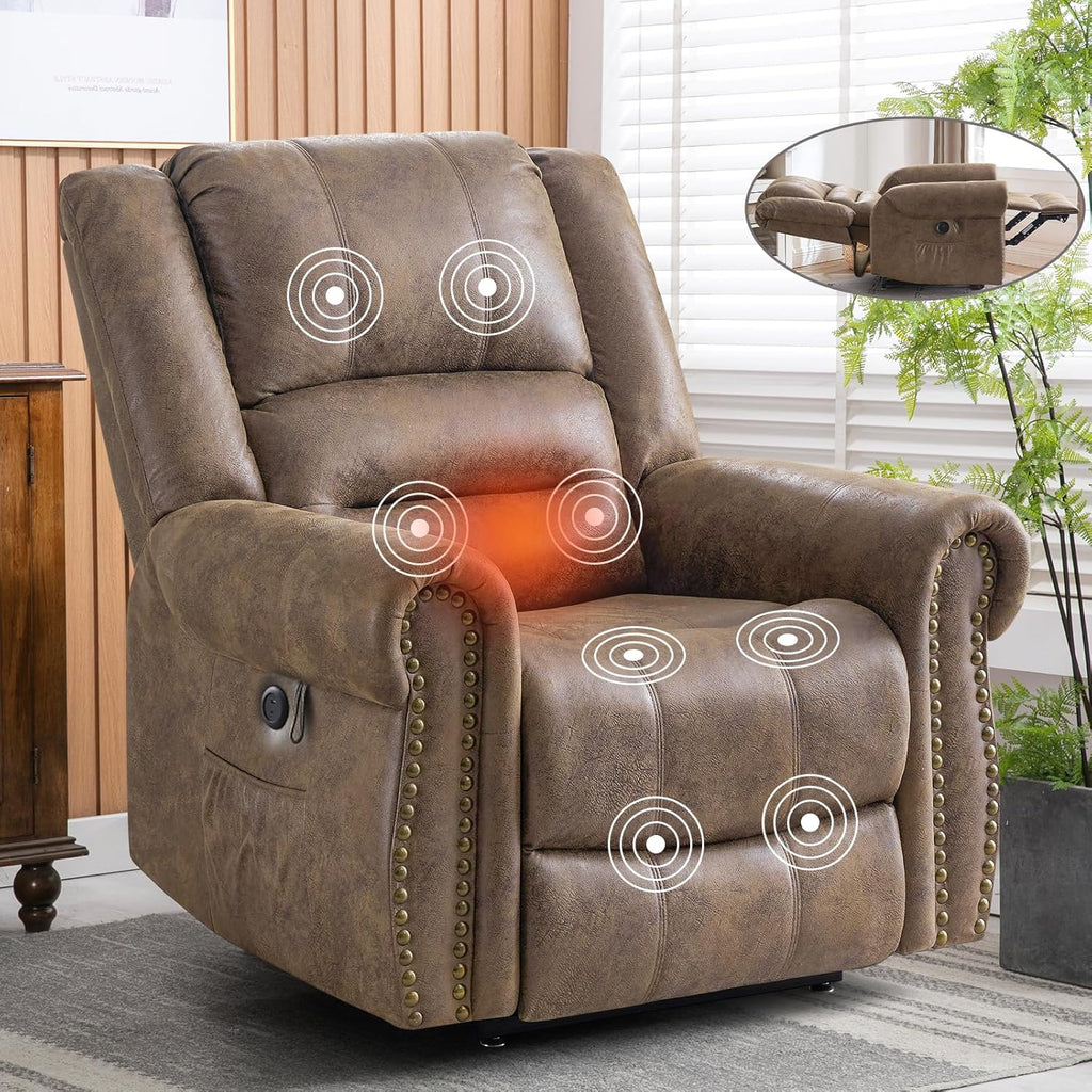 Lay Flat Dual Motor Power Lift Recliner Chair with Massage and Heat for Elderly, Breathable Leather Overstuffed Lift Chairs, Infinite Position Recliner Chairs for Sleeping, 1PC, Light Brown