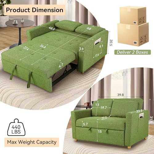 49" 2-Seater Loveseat Futon Sofa, 3-in-1 Convertible Sofa Bed, Linen Fabric Sleeper Couch with Adjustable Backrest D96563