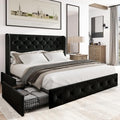 Bed Frame King Size with Storage Drawers and Tufted Headboard, Velvet Upholstered Platform Bed Wingback Bed Frame with Wood Slats, No Box Spring Needed, Black