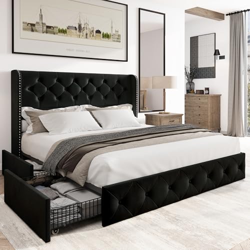 Bed Frame King Size with Storage Drawers and Tufted Headboard, Velvet Upholstered Platform Bed Wingback Bed Frame with Wood Slats, No Box Spring Needed, Black