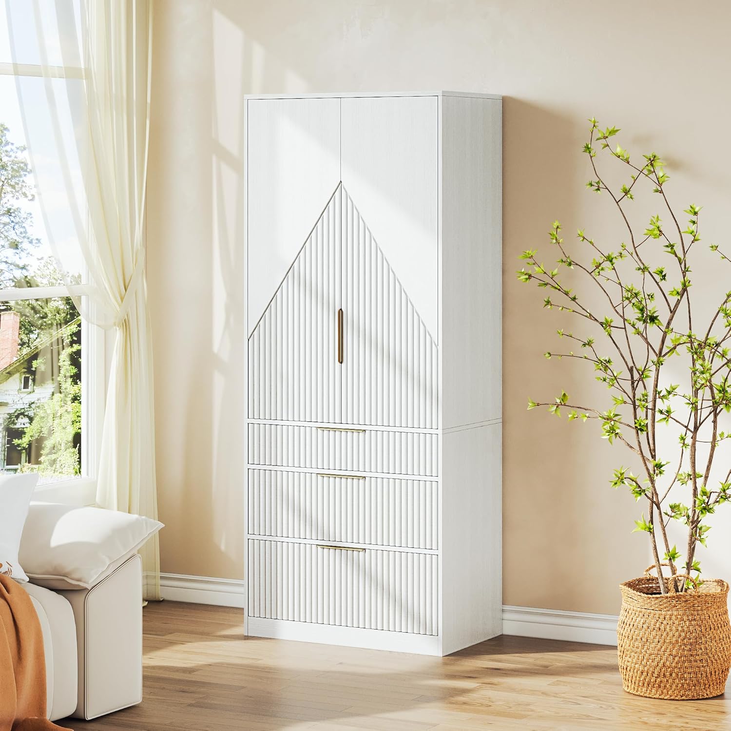 Wooden Wardrobe Armoire with 2 Doors and 3 Drawers, White N102552