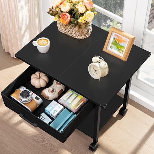 Under Desk Rolling Printer Stand with Drawer, 2-Tier Mobile Printer Table with Storage Shelf and Lockable Wheels, Black X985309
