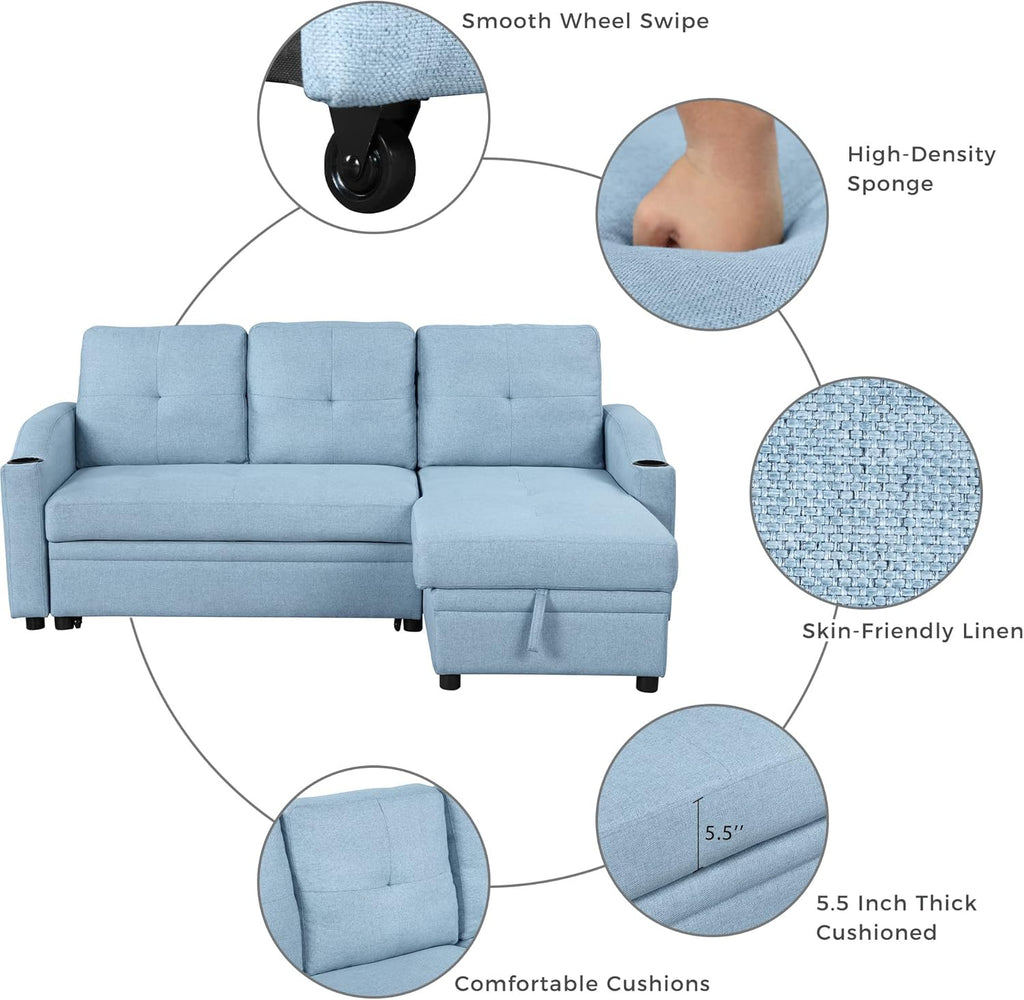 L-Shape Convertible Sleeper Sofa with Pull-Out Bed and Storage Chaise, Blue O64215