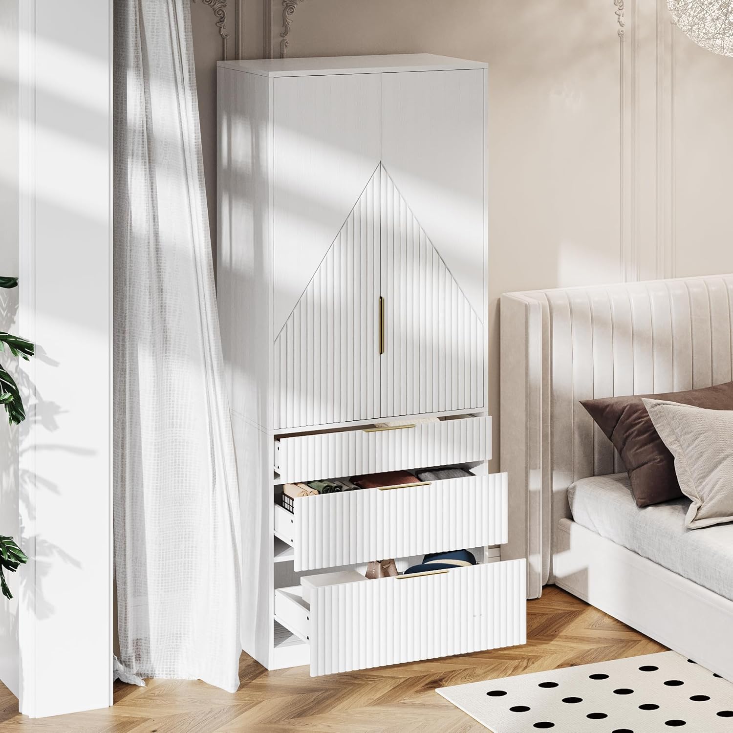 Wooden Wardrobe Armoire with 2 Doors and 3 Drawers, White N102552