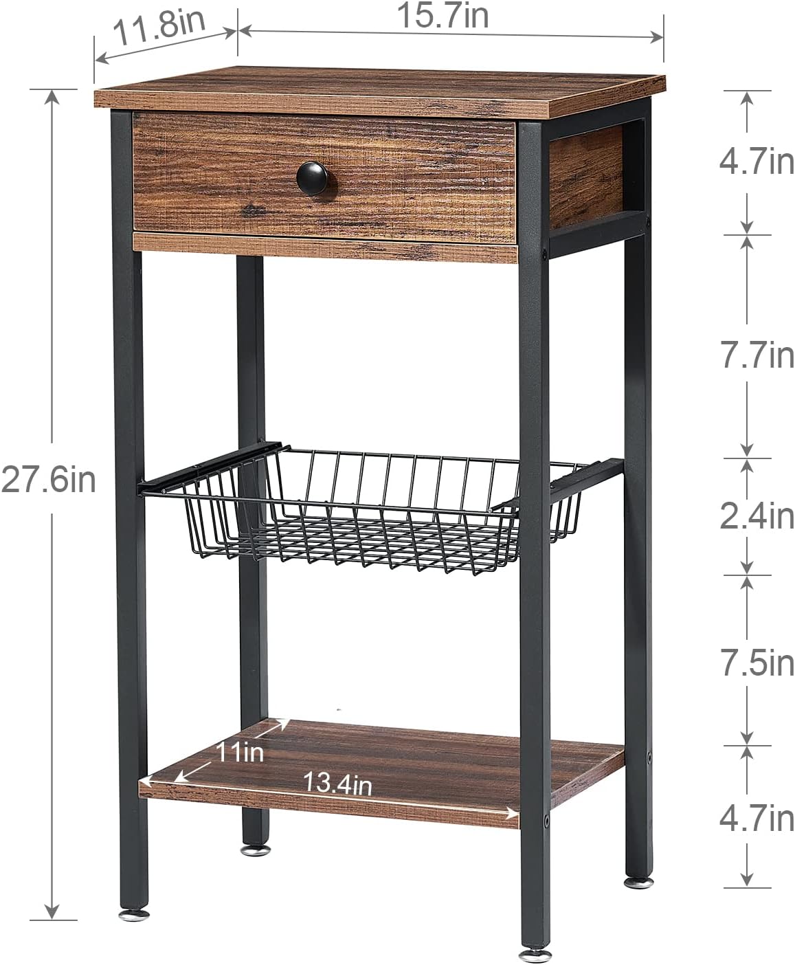 Tall End Side Table with Shelf and Storage Basket, Brown W27090